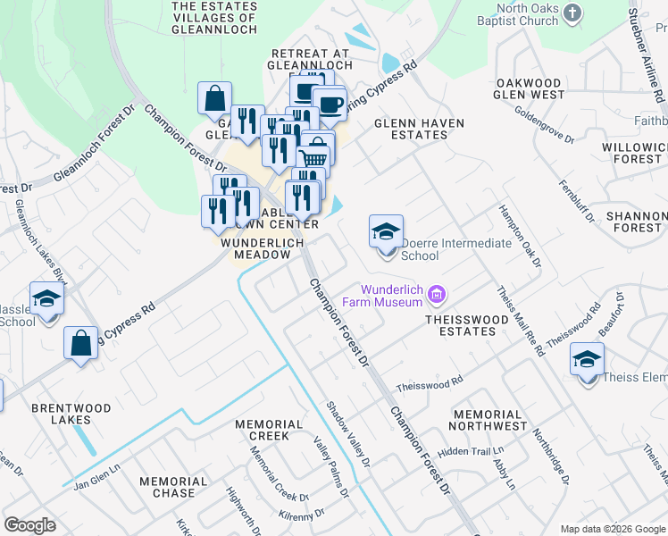 map of restaurants, bars, coffee shops, grocery stores, and more near 18303 Trace Forest Drive in Spring