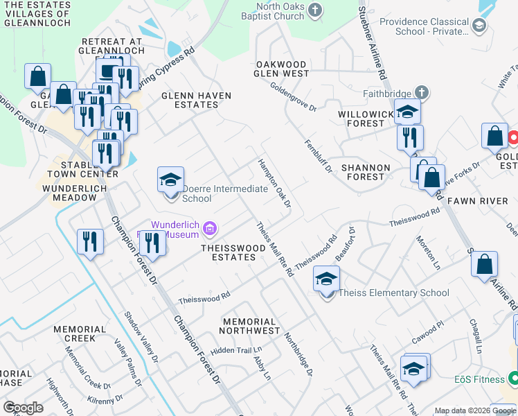 map of restaurants, bars, coffee shops, grocery stores, and more near 7930 Huddersfield Court in Spring