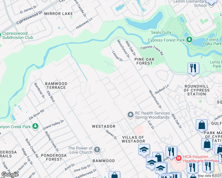 map of restaurants, bars, coffee shops, grocery stores, and more near 17714 Red Oak Drive in Houston