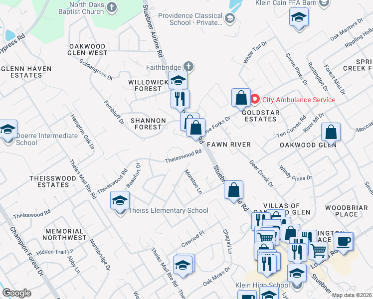 map of restaurants, bars, coffee shops, grocery stores, and more near 17641 Stuebner Airline Road in Spring