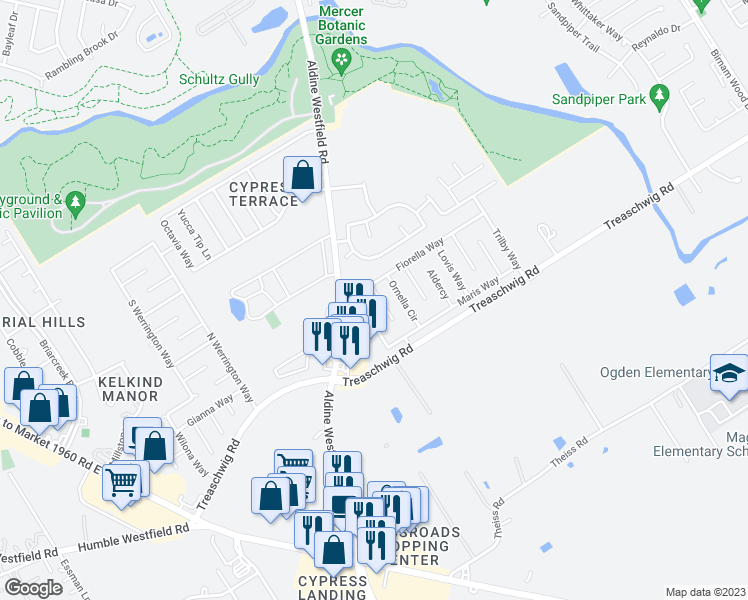 map of restaurants, bars, coffee shops, grocery stores, and more near 21619 Nella Circle in Humble