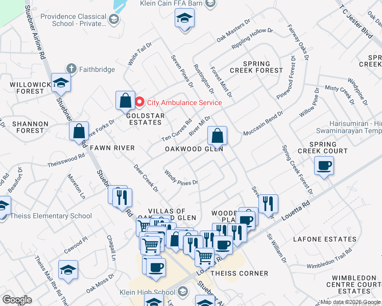map of restaurants, bars, coffee shops, grocery stores, and more near 6922 Stoney River Drive in Spring