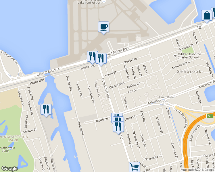 map of restaurants, bars, coffee shops, grocery stores, and more near 7707 Downman Road in New Orleans