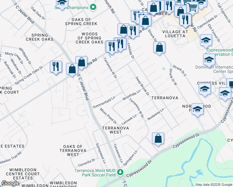 map of restaurants, bars, coffee shops, grocery stores, and more near 5514 Summerfield Lane in Spring