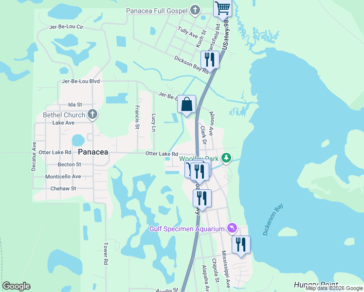 map of restaurants, bars, coffee shops, grocery stores, and more near 37 Otter Lake Road in Panacea