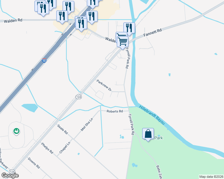 map of restaurants, bars, coffee shops, grocery stores, and more near 5245 Parkview Drive in Beaumont