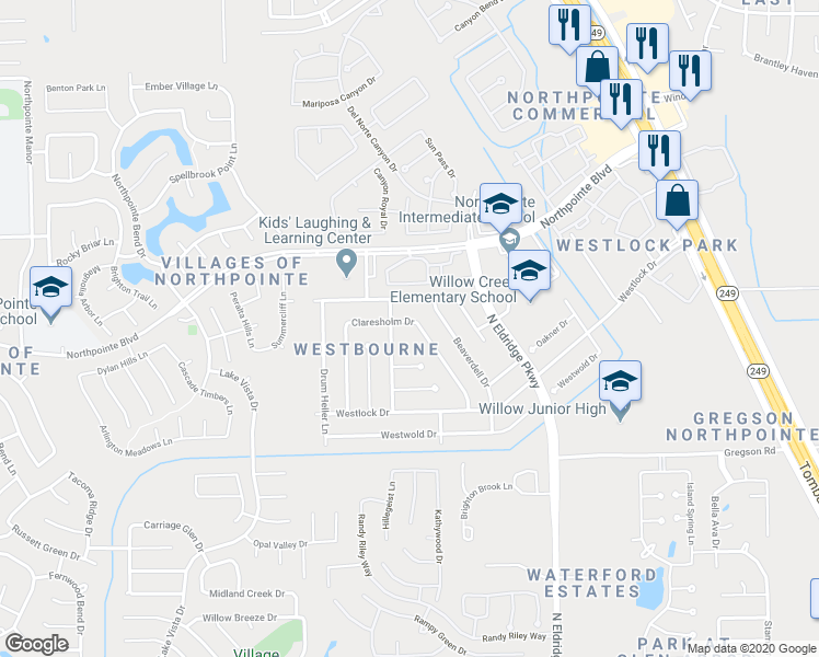 map of restaurants, bars, coffee shops, grocery stores, and more near 12207 Claresholm Drive in Tomball