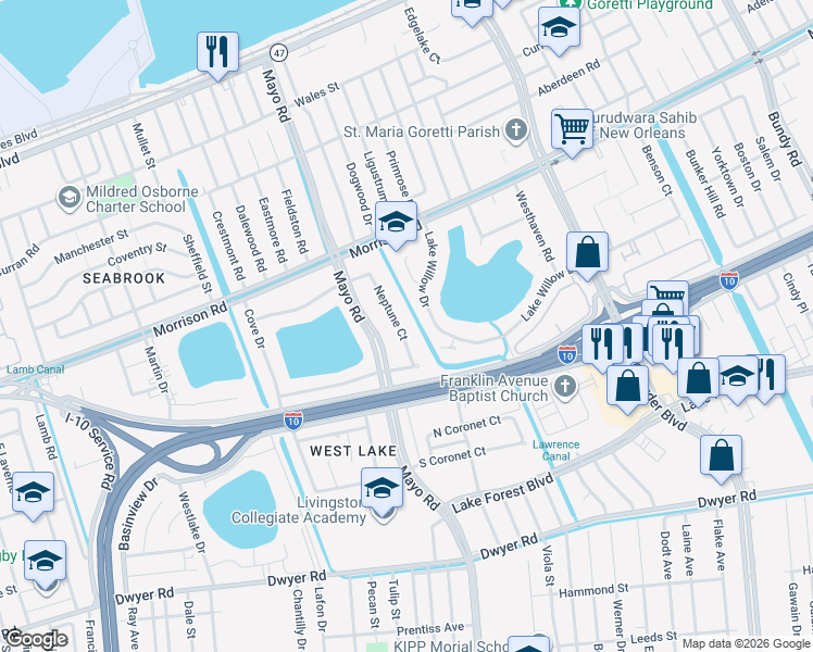 map of restaurants, bars, coffee shops, grocery stores, and more near 7028 Lake Willow Drive in New Orleans