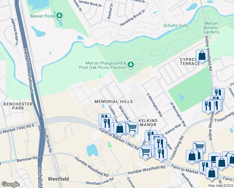 map of restaurants, bars, coffee shops, grocery stores, and more near 21502 Millhouse Circle in Houston