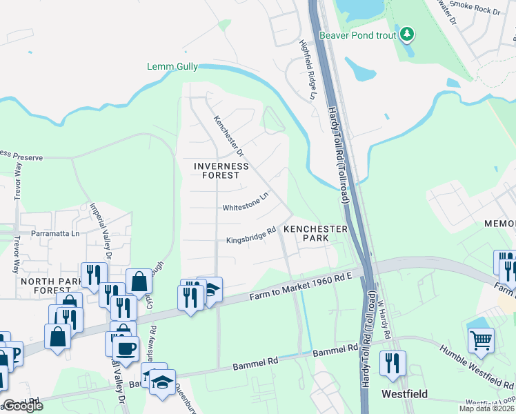 map of restaurants, bars, coffee shops, grocery stores, and more near 1126 Whitestone Lane in Houston