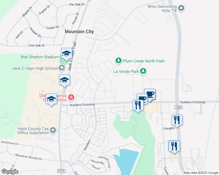 map of restaurants, bars, coffee shops, grocery stores, and more near 340 Madrid in Kyle