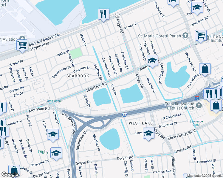 map of restaurants, bars, coffee shops, grocery stores, and more near 7200 Cove Drive in New Orleans