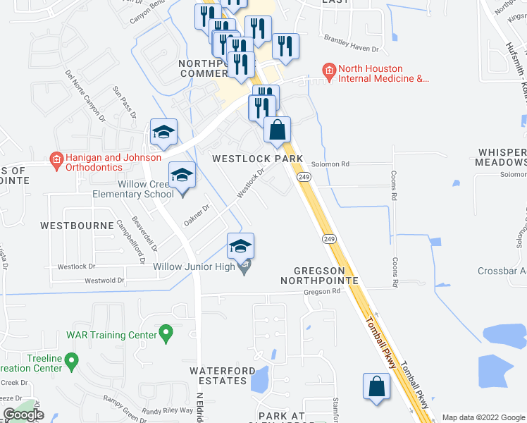 map of restaurants, bars, coffee shops, grocery stores, and more near 18107 Westlock Court in Tomball