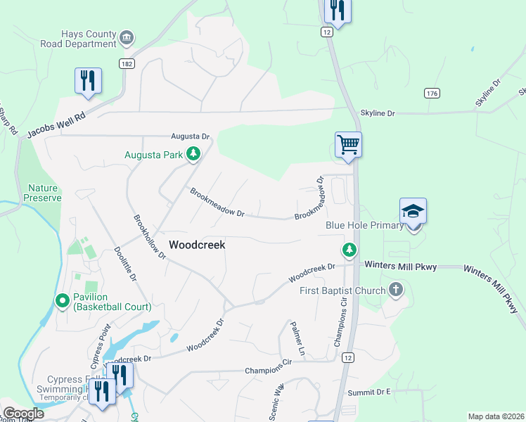 map of restaurants, bars, coffee shops, grocery stores, and more near 35 Brookmeadow Drive in Wimberley