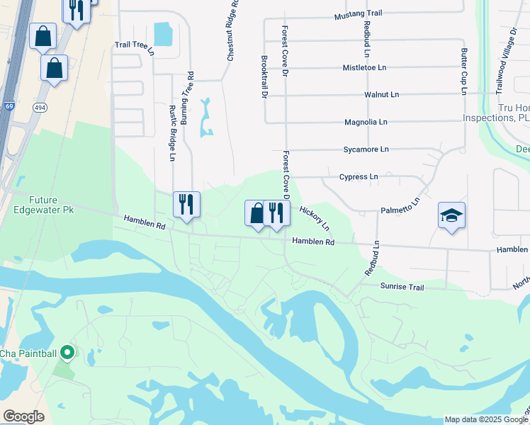 map of restaurants, bars, coffee shops, grocery stores, and more near 1011 Hamblen Road in Humble