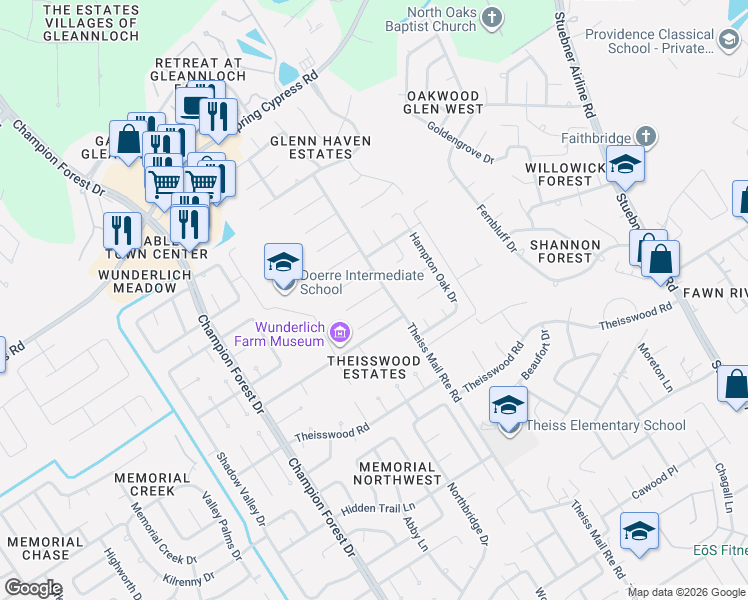 map of restaurants, bars, coffee shops, grocery stores, and more near 8011 Liberty Elm Court in Spring
