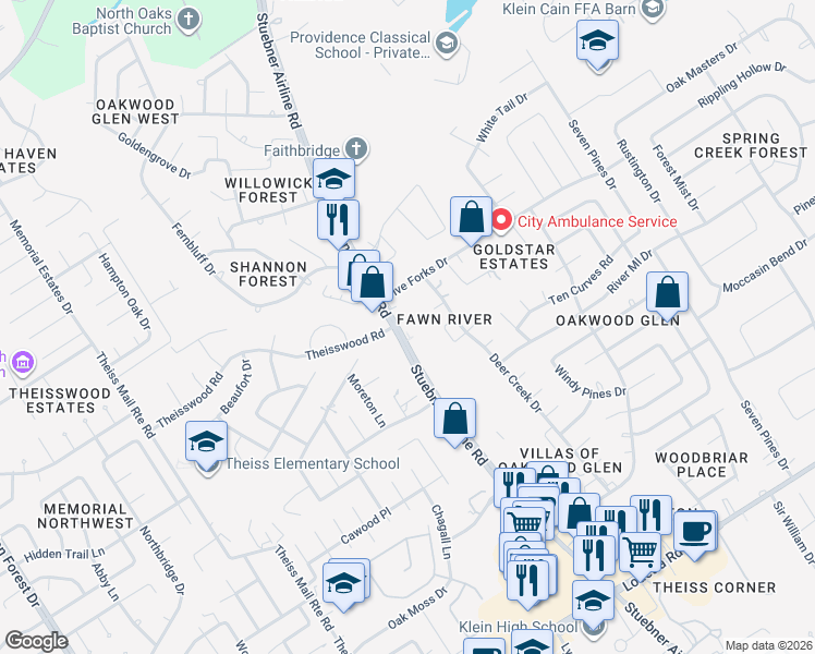 map of restaurants, bars, coffee shops, grocery stores, and more near 17542 Stuebner Airline Road in Spring