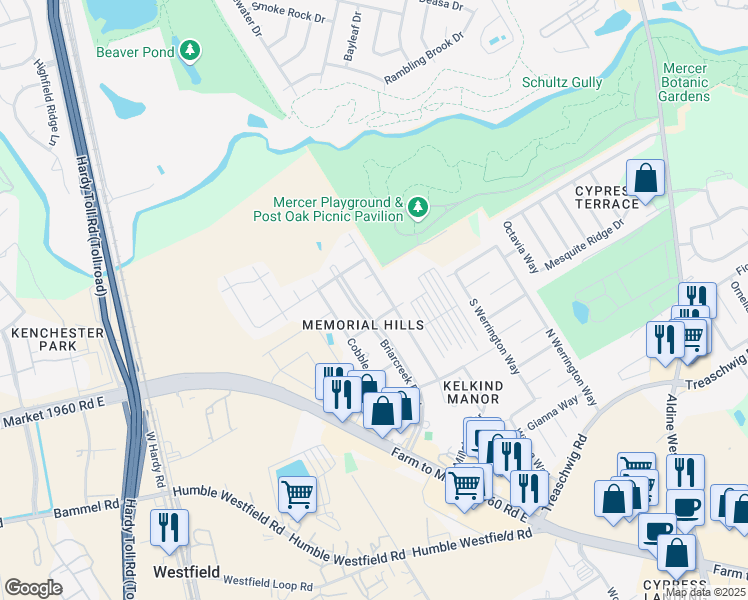 map of restaurants, bars, coffee shops, grocery stores, and more near 21502 Millhouse Circle in Houston