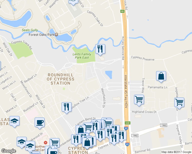 map of restaurants, bars, coffee shops, grocery stores, and more near 11 Westfield Place Drive in Houston