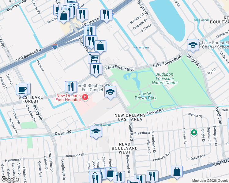map of restaurants, bars, coffee shops, grocery stores, and more near 5550 Read Boulevard in New Orleans