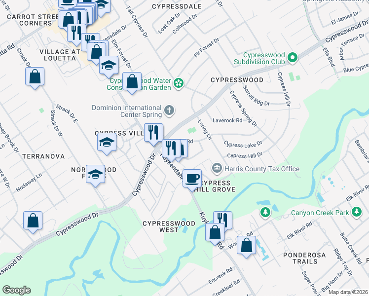 map of restaurants, bars, coffee shops, grocery stores, and more near 17502 Oxhill Court in Spring