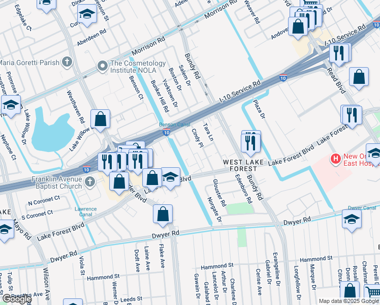 map of restaurants, bars, coffee shops, grocery stores, and more near 8801 Lake Forest Boulevard in New Orleans