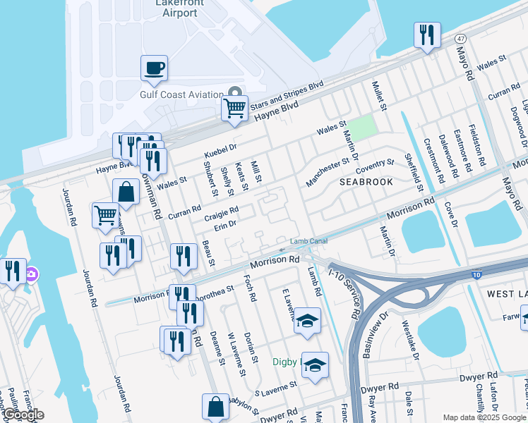 map of restaurants, bars, coffee shops, grocery stores, and more near 7501 Karen in New Orleans