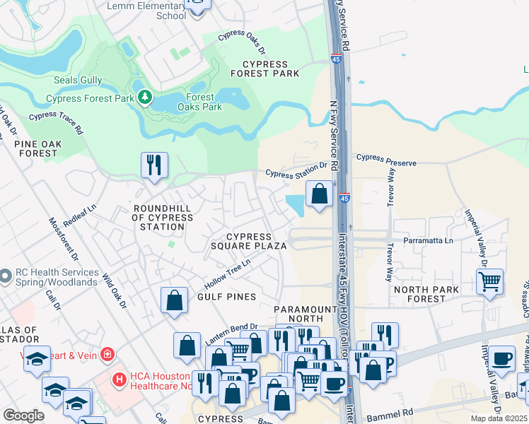 map of restaurants, bars, coffee shops, grocery stores, and more near 11 Westfield Place Drive in Houston