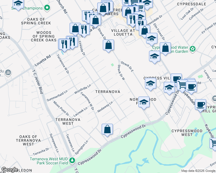 map of restaurants, bars, coffee shops, grocery stores, and more near 5226 Ashmere Lane in Spring