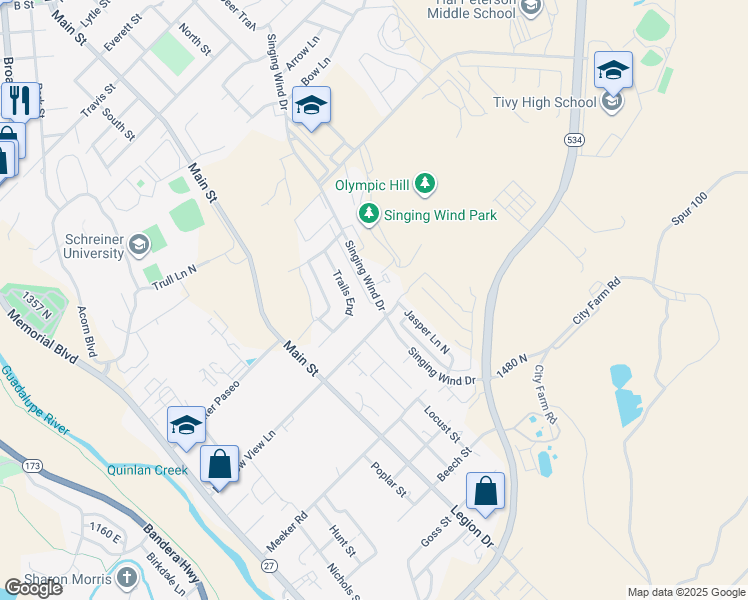 map of restaurants, bars, coffee shops, grocery stores, and more near 2318 Sailing Way in Kerrville