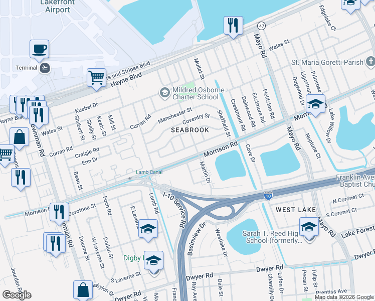 map of restaurants, bars, coffee shops, grocery stores, and more near 6740 Bamberry Street in New Orleans