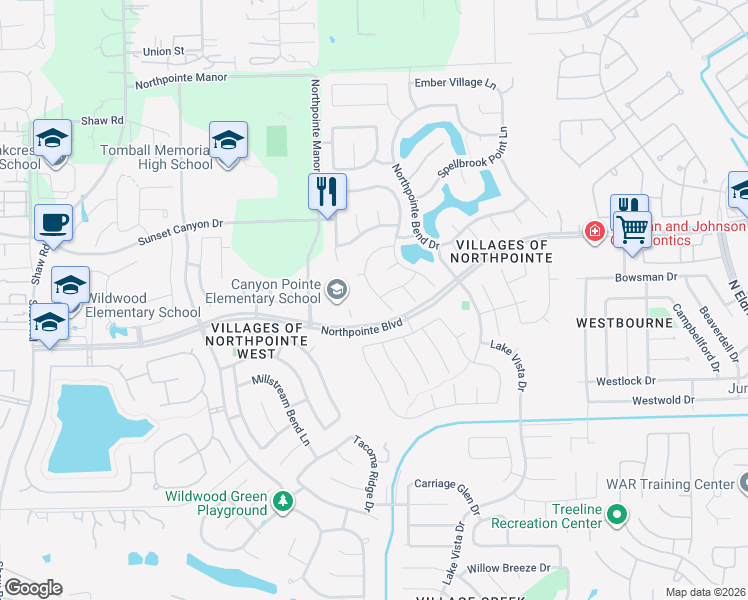 map of restaurants, bars, coffee shops, grocery stores, and more near 18827 Magnolia Arbor Lane in Tomball