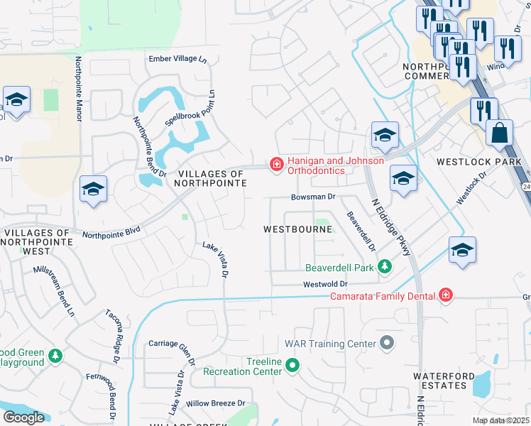 map of restaurants, bars, coffee shops, grocery stores, and more near 18223 Drum Heller Lane in Tomball