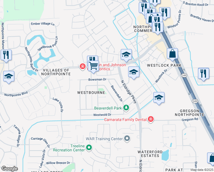 map of restaurants, bars, coffee shops, grocery stores, and more near 18326 Campbellford Drive in Tomball