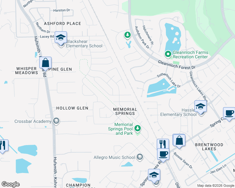 map of restaurants, bars, coffee shops, grocery stores, and more near 18303 Melissa Springs Drive in Tomball