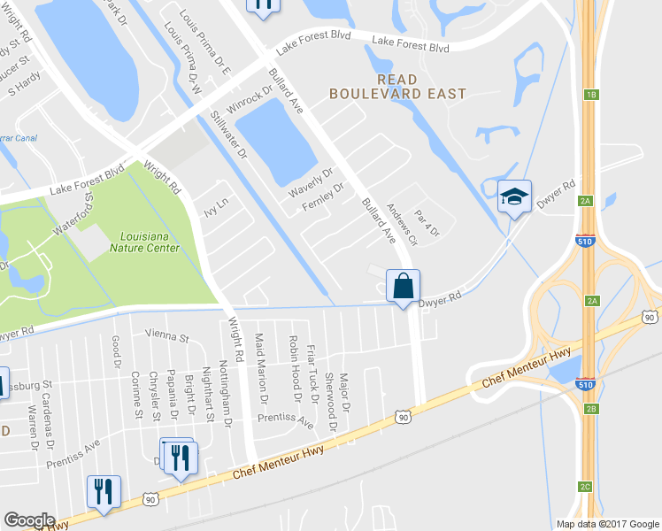 map of restaurants, bars, coffee shops, grocery stores, and more near 5181 McKendall Place in New Orleans