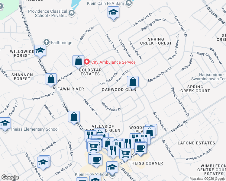 map of restaurants, bars, coffee shops, grocery stores, and more near 6922 Stoney River Drive in Spring