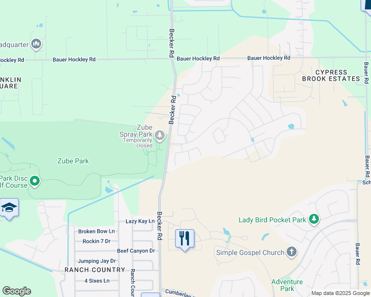 map of restaurants, bars, coffee shops, grocery stores, and more near 24038 Hay Iron Drive in Hockley
