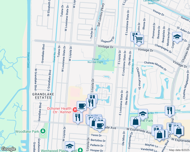 map of restaurants, bars, coffee shops, grocery stores, and more near 6 Oakland Road in Kenner