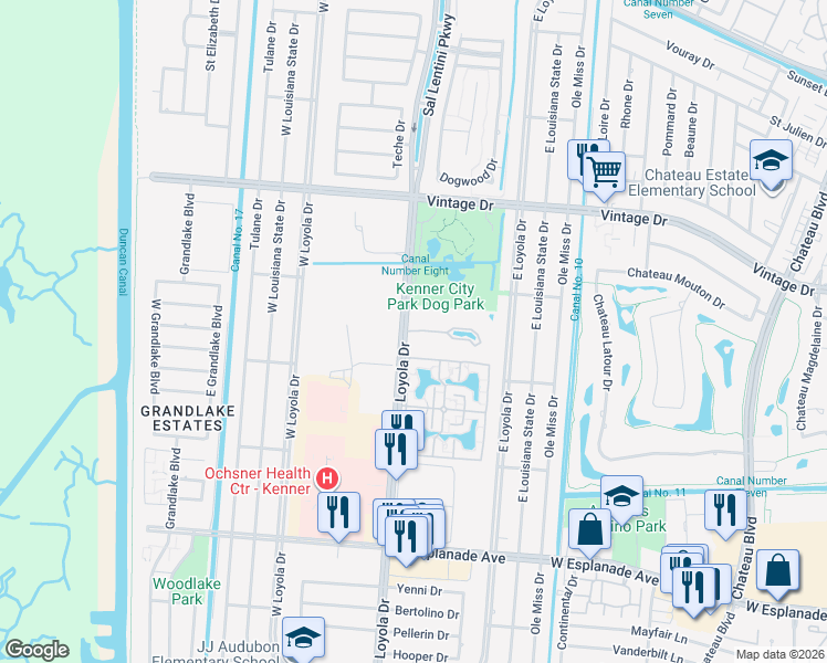 map of restaurants, bars, coffee shops, grocery stores, and more near 6 Oakland Road in Kenner