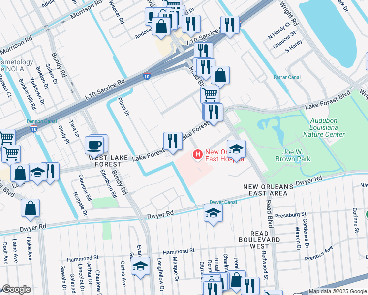 map of restaurants, bars, coffee shops, grocery stores, and more near 9846 Lake Forest Boulevard in New Orleans
