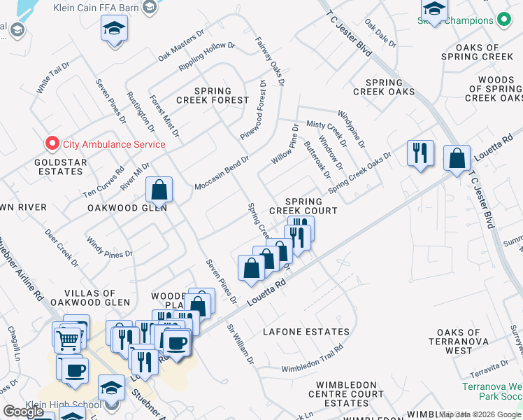 map of restaurants, bars, coffee shops, grocery stores, and more near 17022 Spring Creek Forest Drive in Spring
