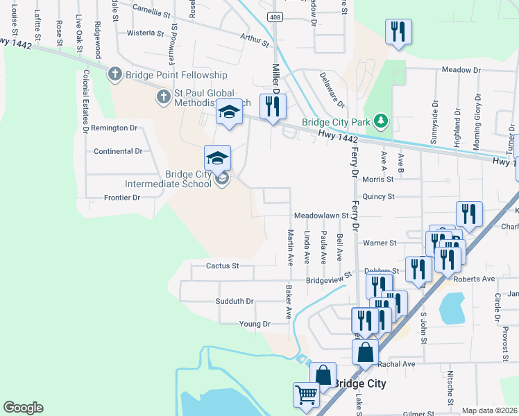 map of restaurants, bars, coffee shops, grocery stores, and more near 665 Winchester Dr in Bridge City