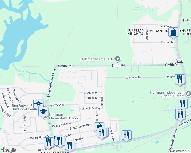 map of restaurants, bars, coffee shops, grocery stores, and more near 11606 Walraven Drive in Huffman