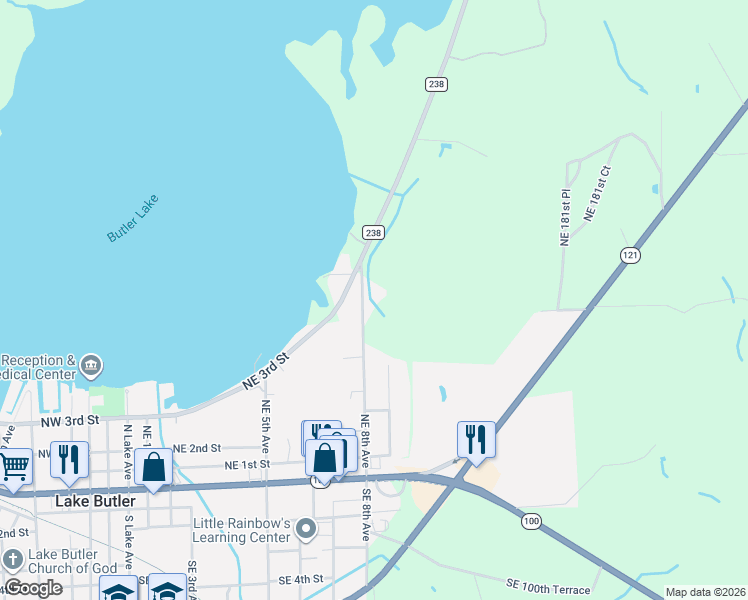 map of restaurants, bars, coffee shops, grocery stores, and more near 555 Northeast 8th Avenue in Lake Butler
