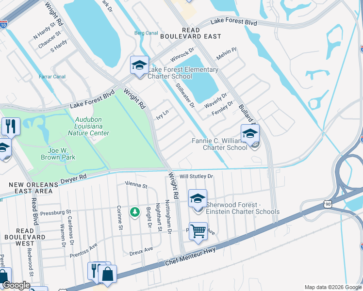 map of restaurants, bars, coffee shops, grocery stores, and more near 11200 Parkwood Court North in New Orleans