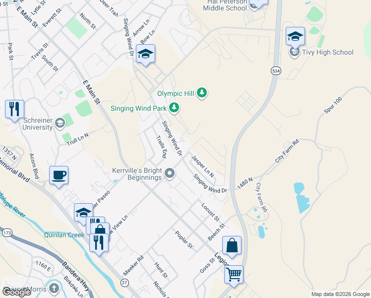 map of restaurants, bars, coffee shops, grocery stores, and more near 704 Sendero Ridge in Kerrville
