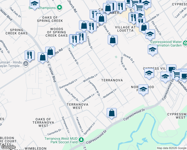 map of restaurants, bars, coffee shops, grocery stores, and more near 5318 Woodville Lane in Spring