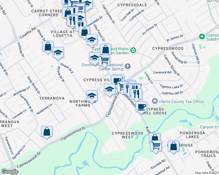 map of restaurants, bars, coffee shops, grocery stores, and more near 17808 Paddle Wheel Drive in Spring