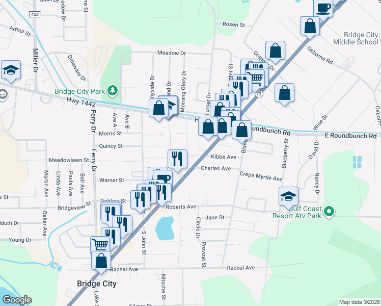 map of restaurants, bars, coffee shops, grocery stores, and more near 170 Bailey Avenue in Bridge City